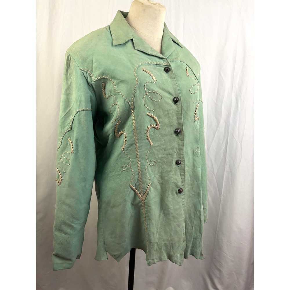 Michelle Handmade Leather Western Jacket Green Tooled Stitch Boho OOAK Large